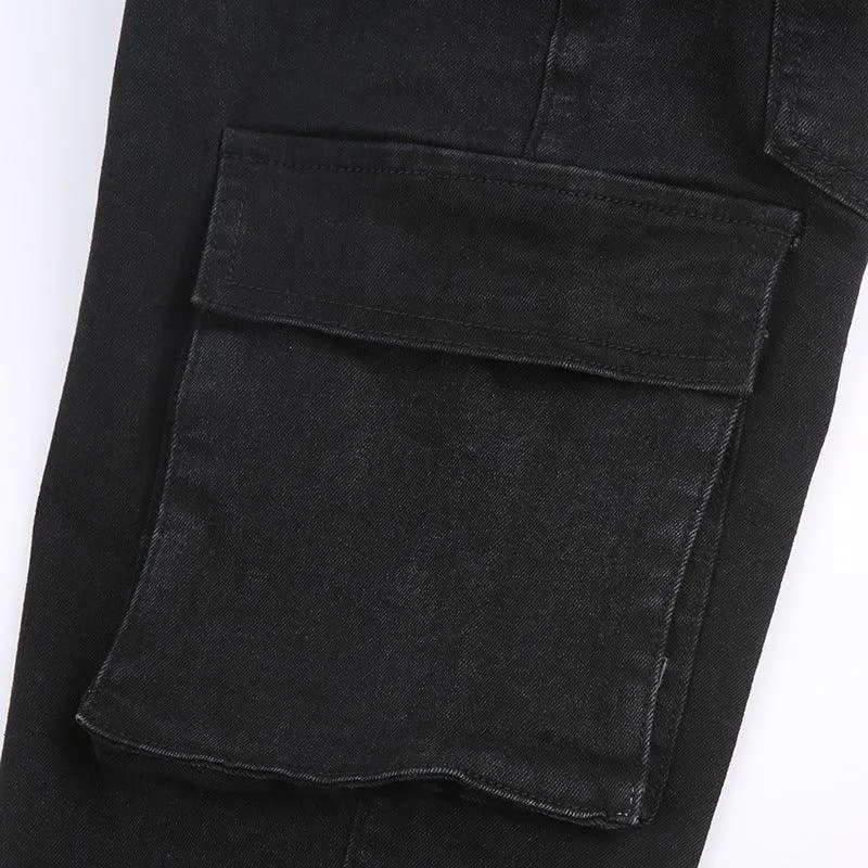 Black Strap-Detail Cargo Flare Pants