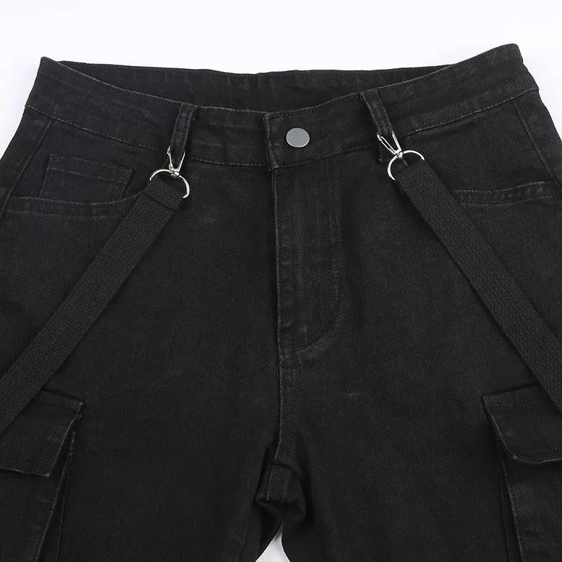 Black Strap-Detail Cargo Flare Pants