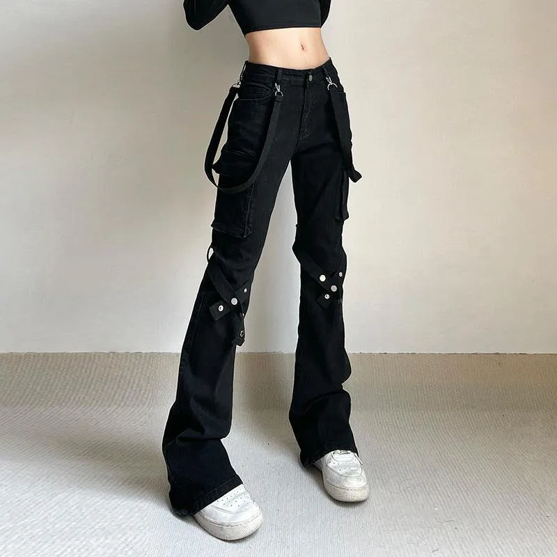 Black Strap-Detail Cargo Flare Pants