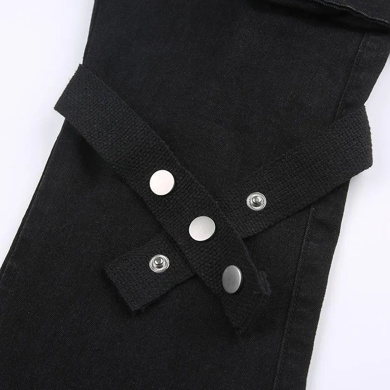 Black Strap-Detail Cargo Flare Pants