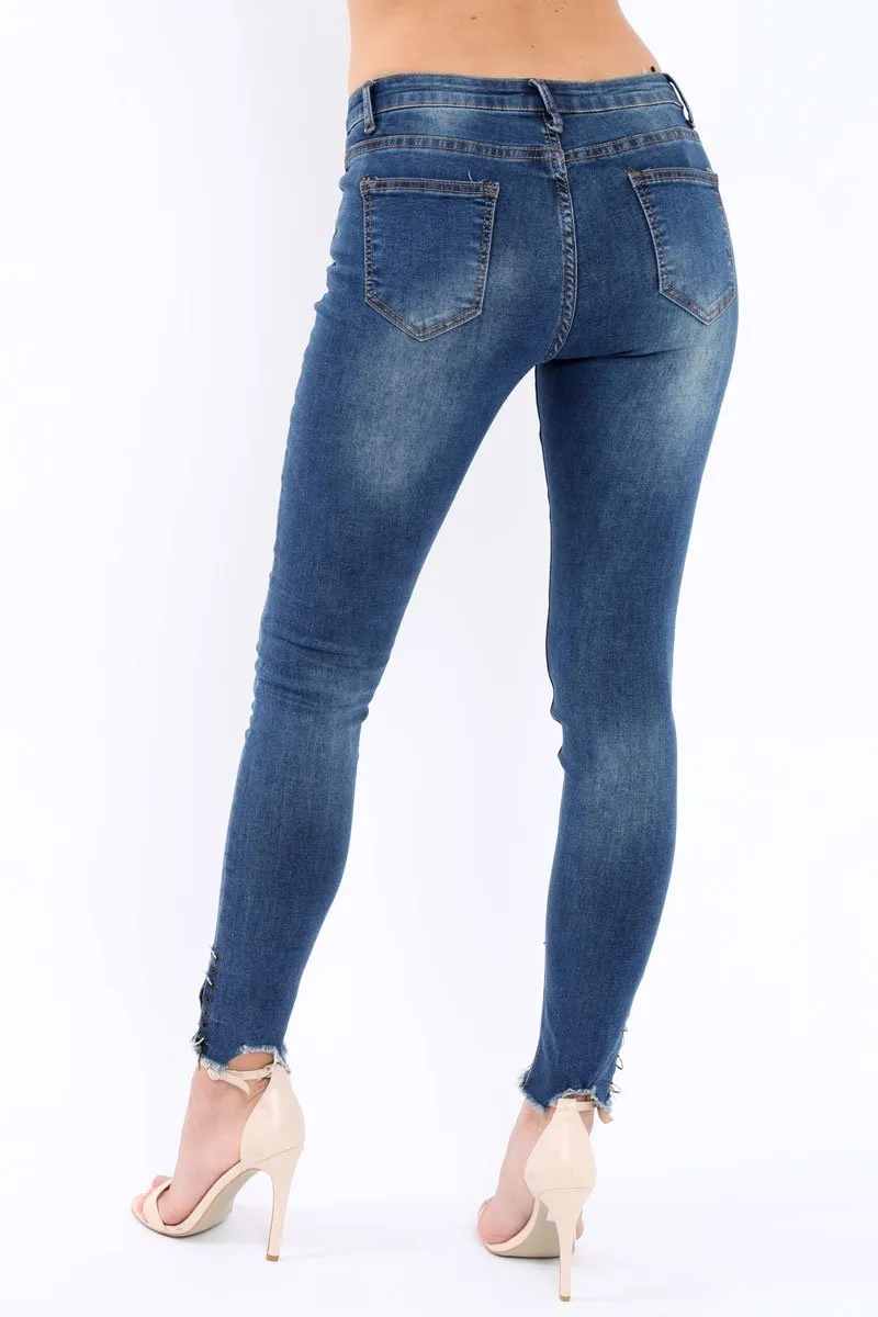 Blue Denim Skinny Jeans with Frayed Eyelet Hems - Dani