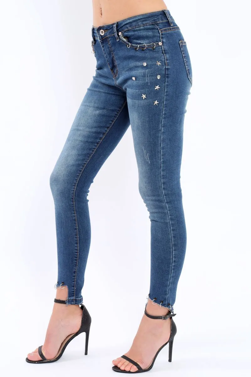 Blue Denim Skinny Jeans with Frayed Eyelet Hems - Dani