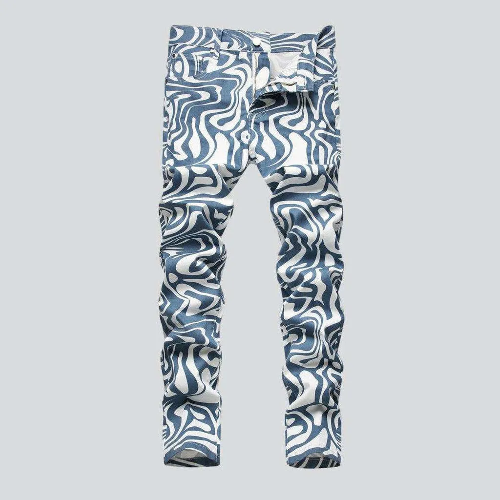 Blue ornament print men jeans