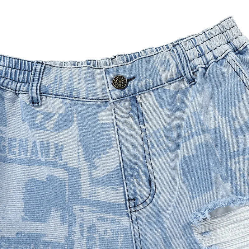 Blue Ripped Graffiti Print Straight Jeans