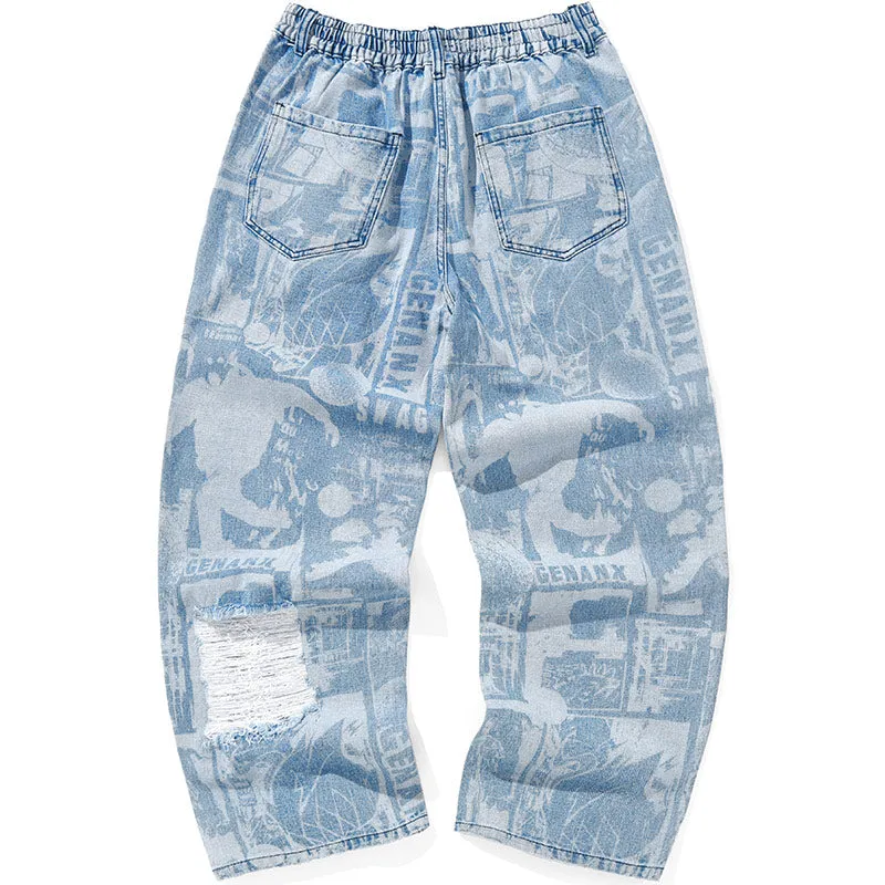 Blue Ripped Graffiti Print Straight Jeans