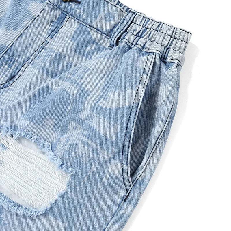 Blue Ripped Graffiti Print Straight Jeans