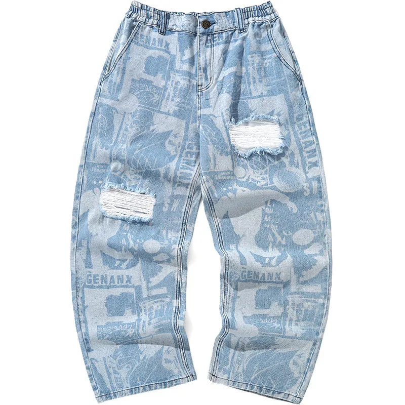 Blue Ripped Graffiti Print Straight Jeans