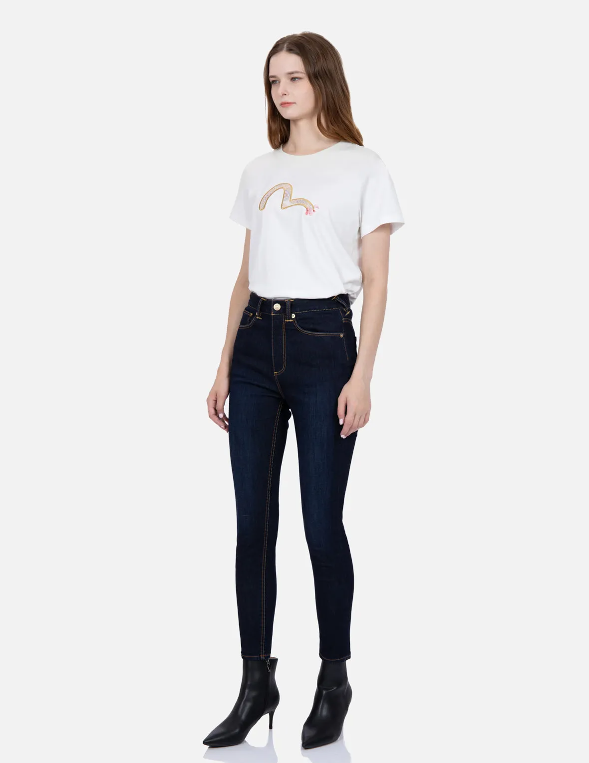 Brocade Seagull and Kamon Appliqué Skinny Jeans