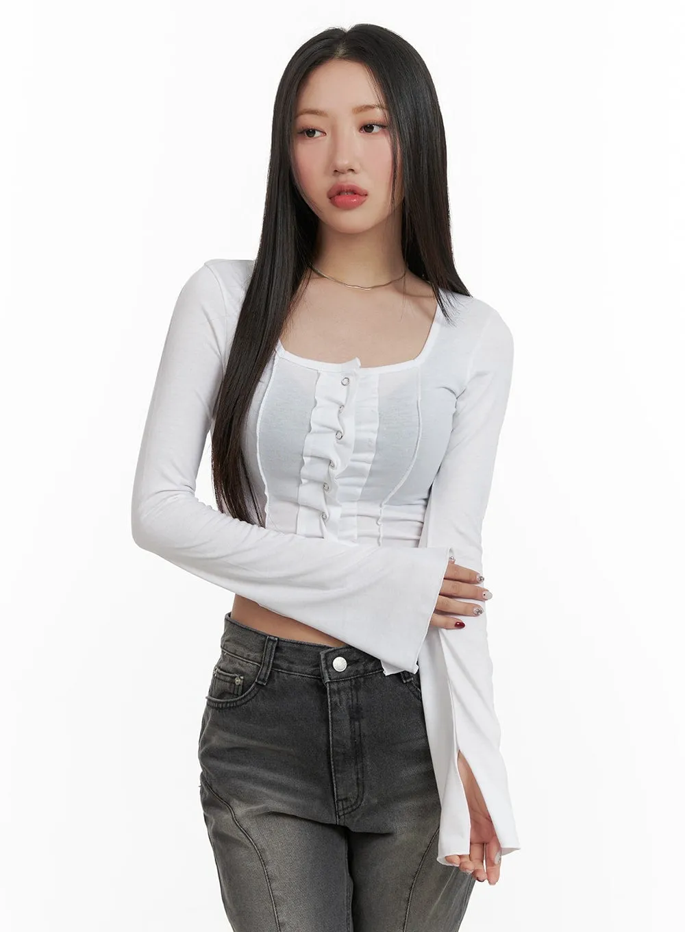 Buttoned Square Neck Crop Top CA415