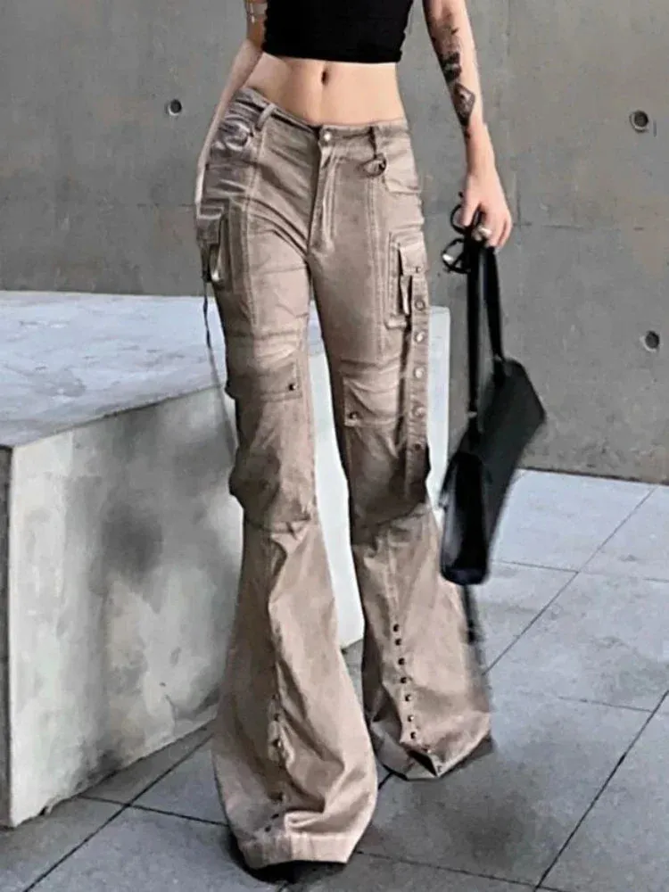 Cargo Flared Jeans Women Oversize Pocket Low Waist Denim Pants