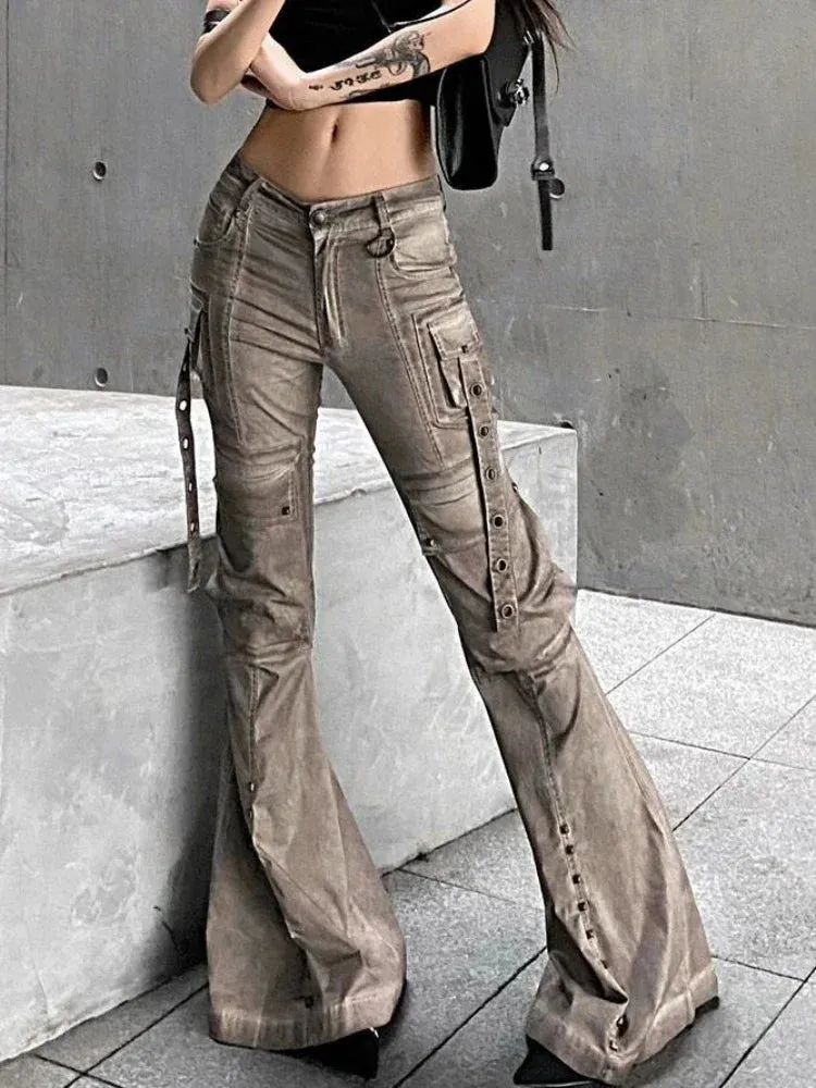 Cargo Flared Jeans Women Oversize Pocket Low Waist Denim Pants