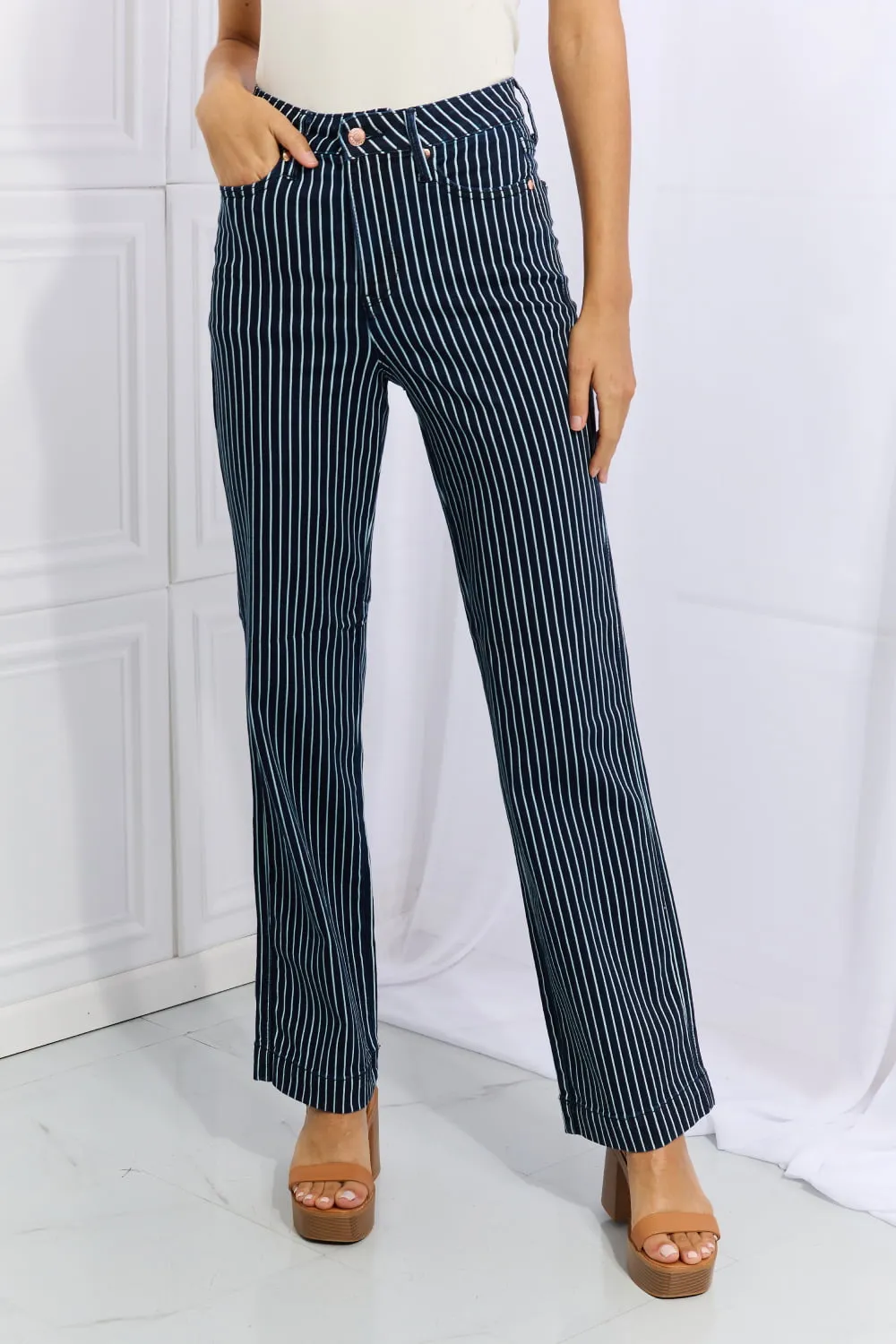 Cassidy Full Size High Waisted Tummy Control Striped Straight Jeans