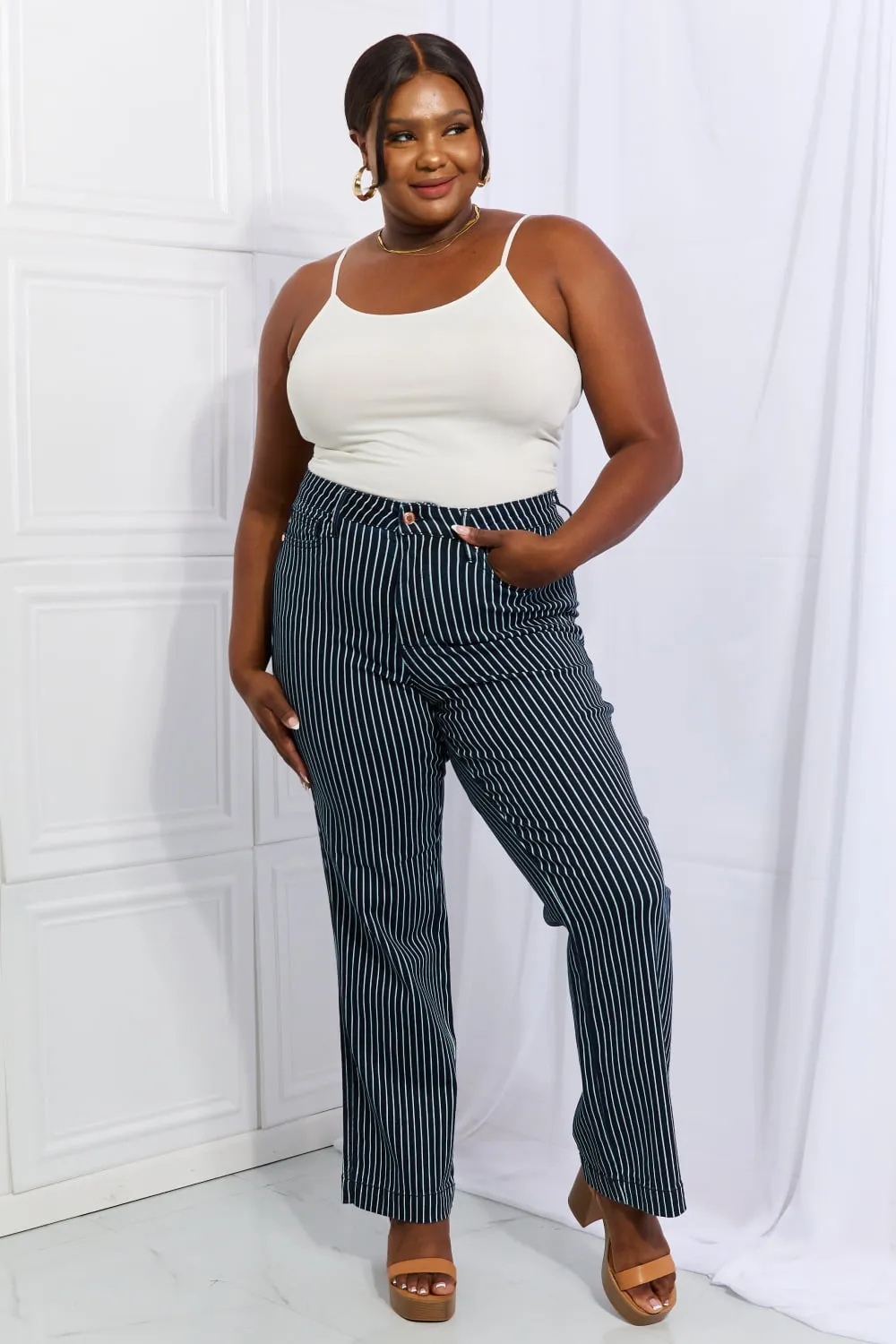 Cassidy Full Size High Waisted Tummy Control Striped Straight Jeans