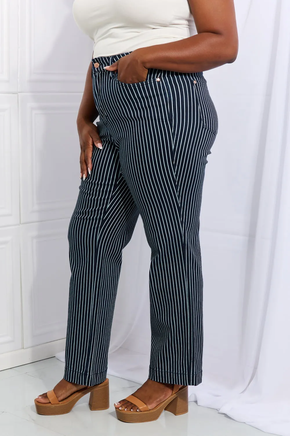 Cassidy Full Size High Waisted Tummy Control Striped Straight Jeans