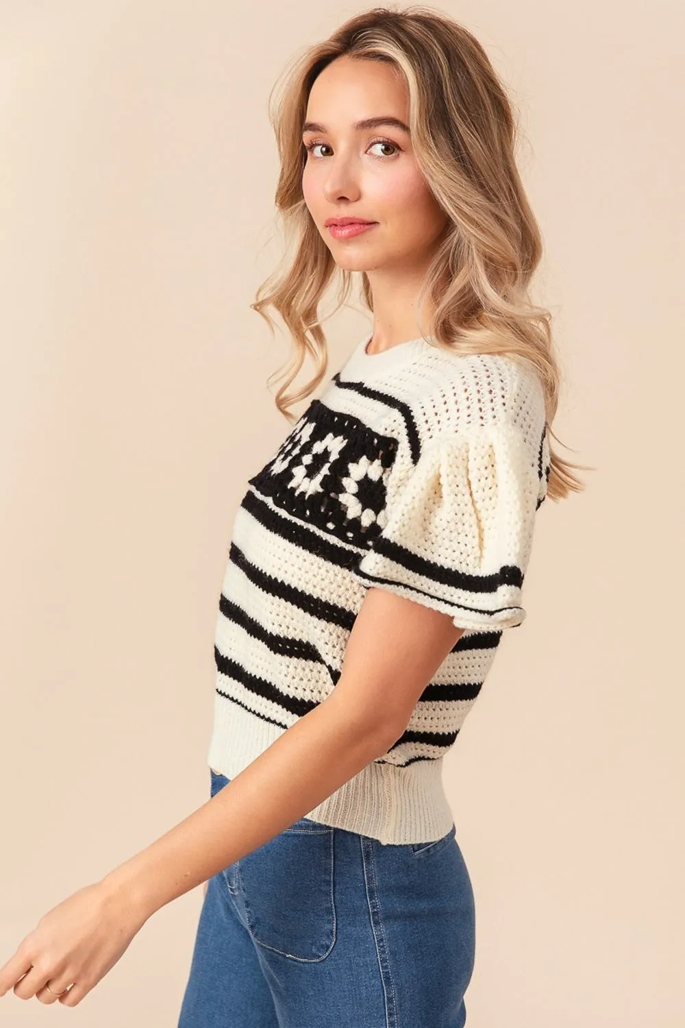 Crochet Short Sleeve Striped Sweater