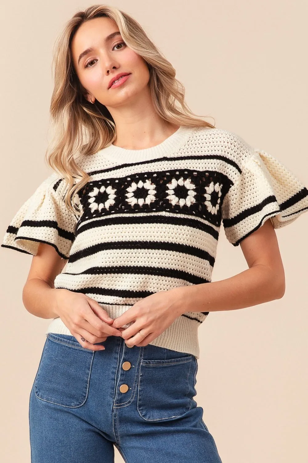 Crochet Short Sleeve Striped Sweater