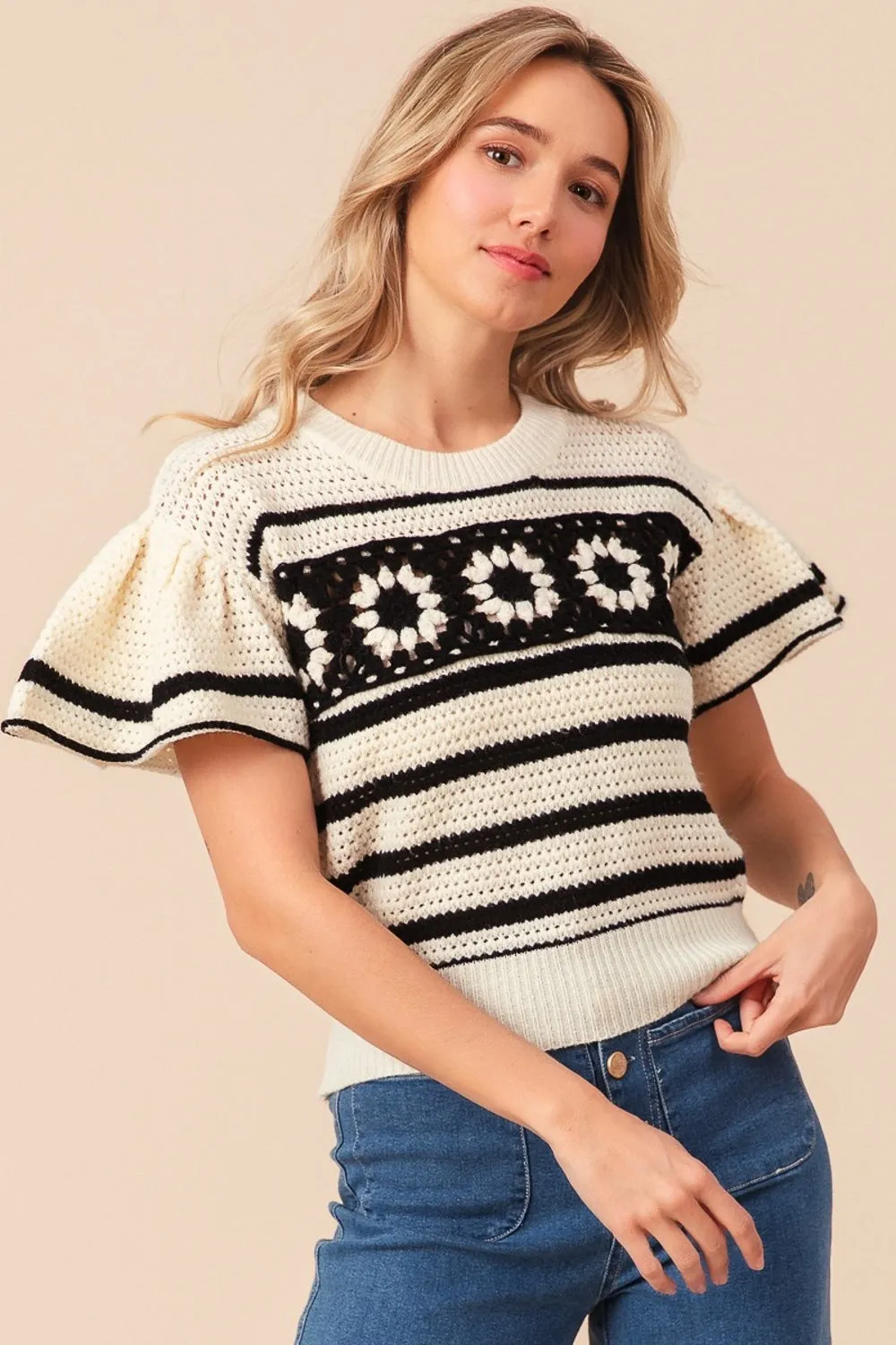 Crochet Short Sleeve Striped Sweater