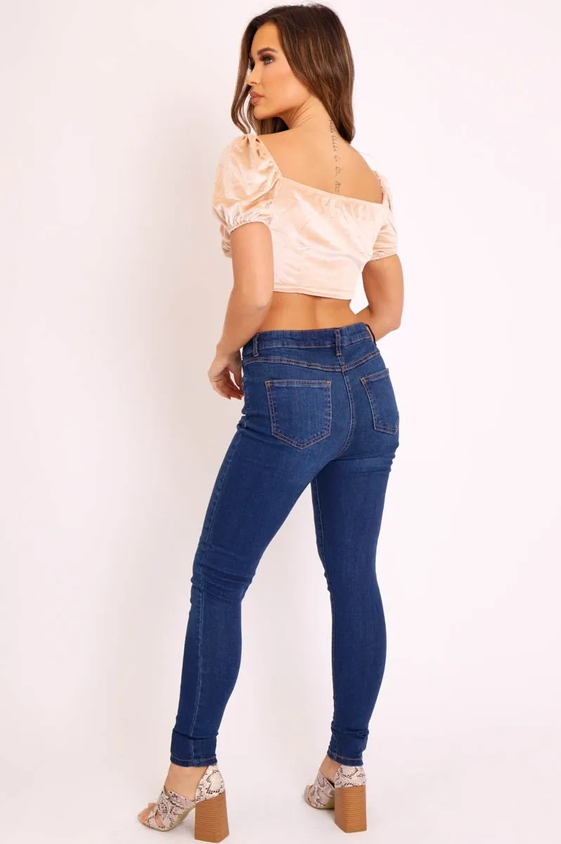 Dark Blue Denim Button Up Skinny Jeans - Ryla