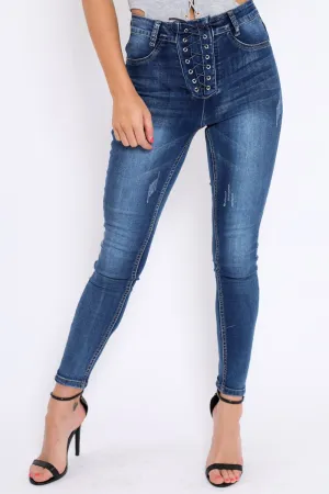 Dark Blue Denim Lace Up Front Jeans - Raeann