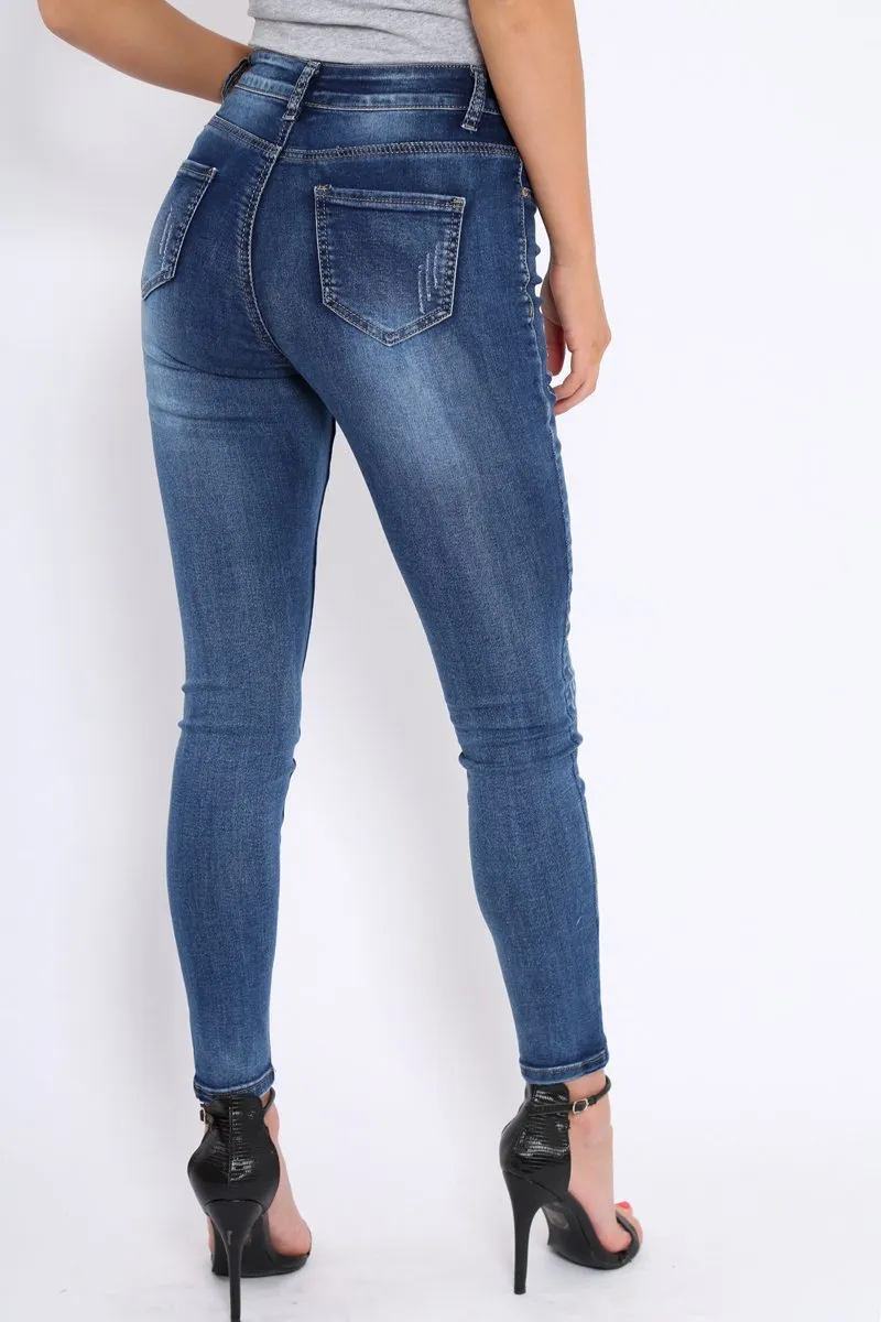 Dark Blue Denim Lace Up Front Jeans - Raeann