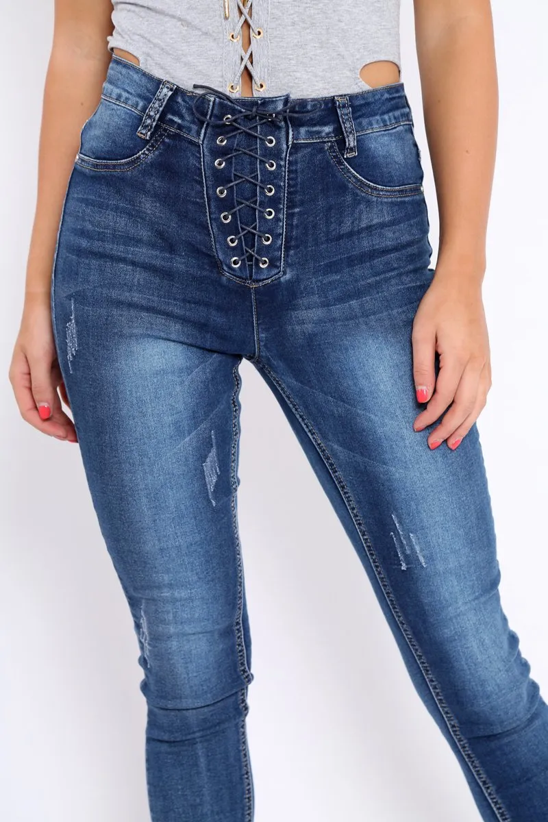 Dark Blue Denim Lace Up Front Jeans - Raeann