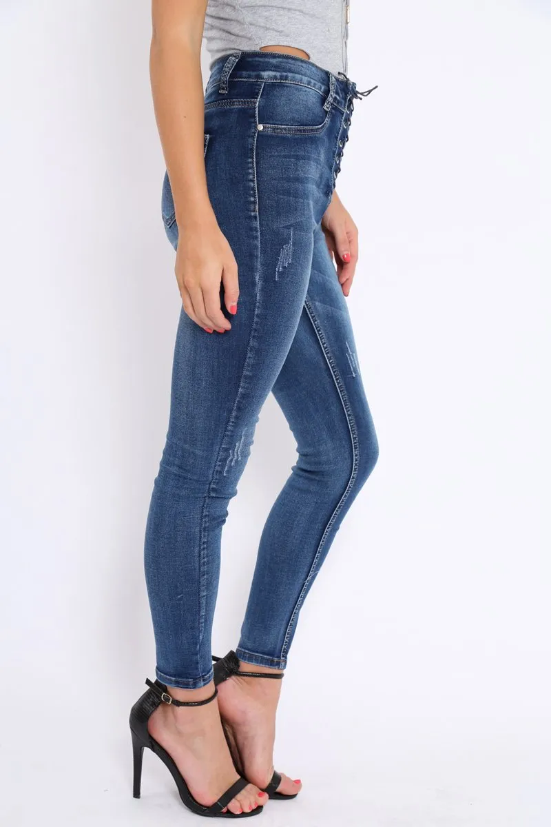 Dark Blue Denim Lace Up Front Jeans - Raeann