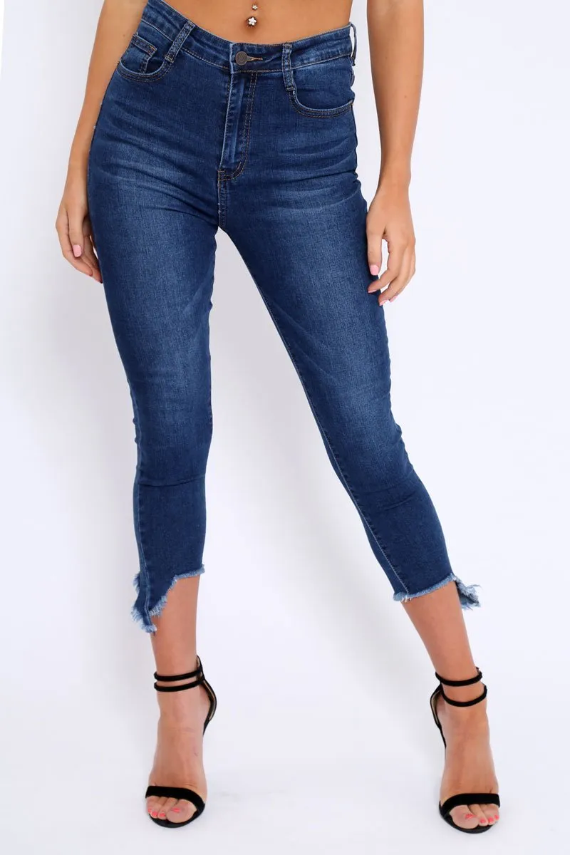 Dark Blue Split Hem Skinny Jeans - Ellsie