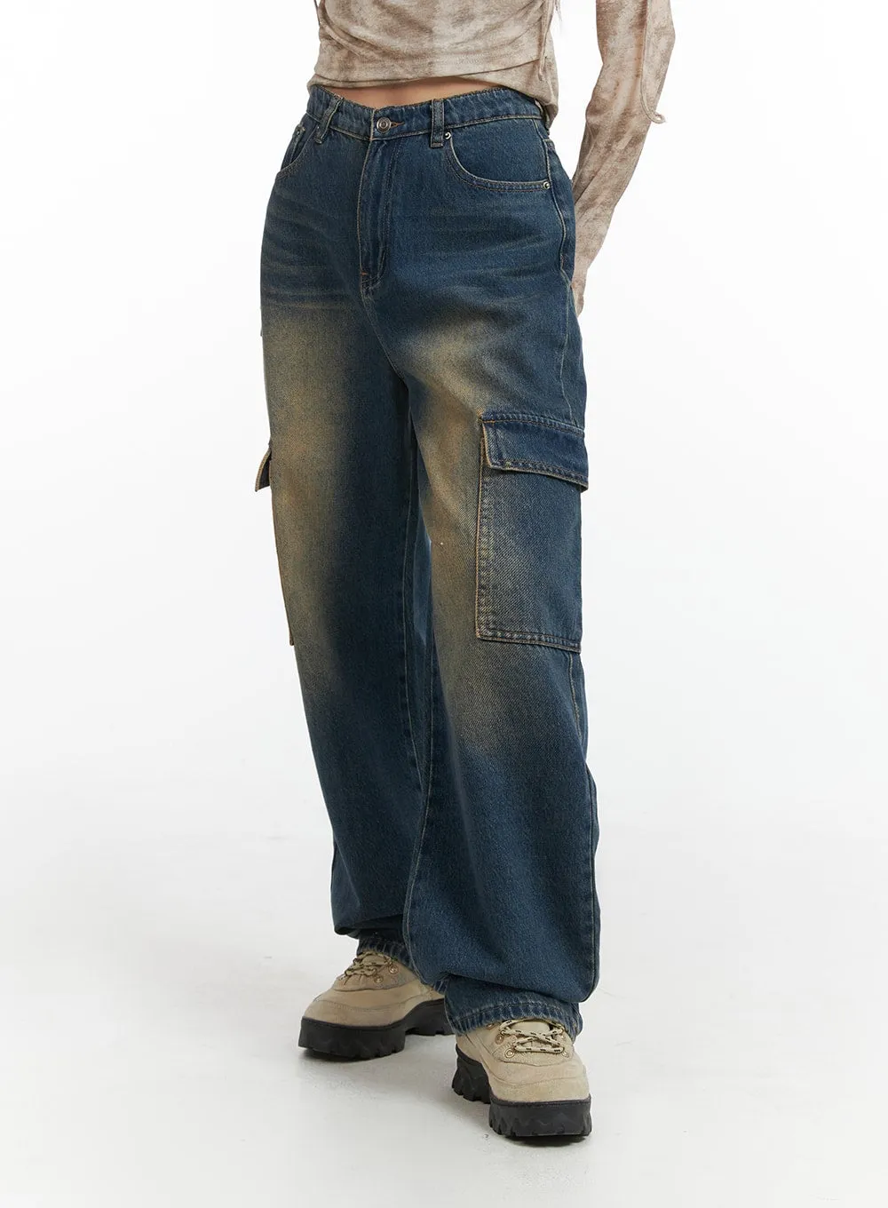 Denim High Waist Wide Leg Pocket Cargo Jeans IJ411