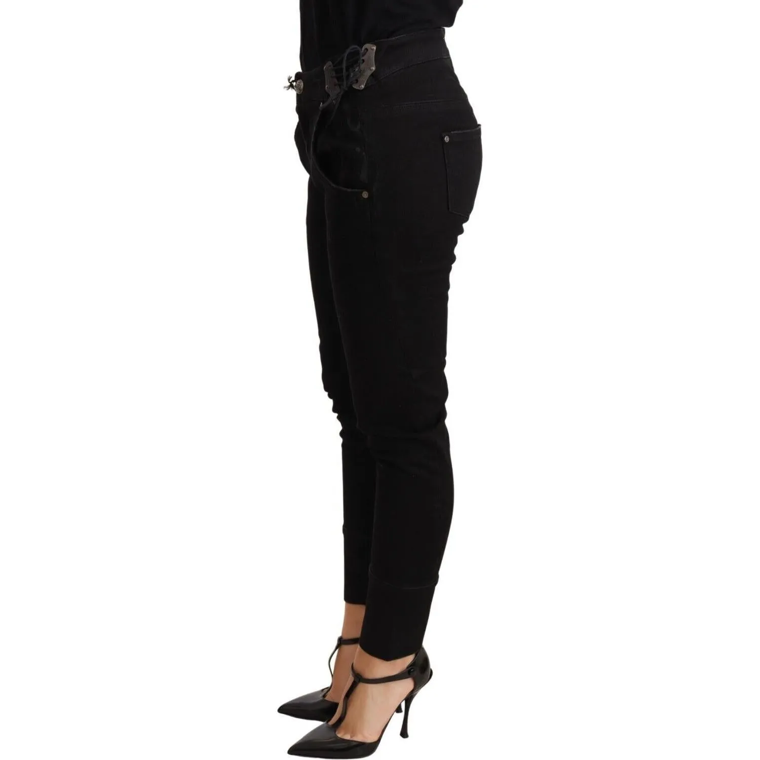 Ermanno Scervino Chic Low Waist Skinny Black Cotton Trousers