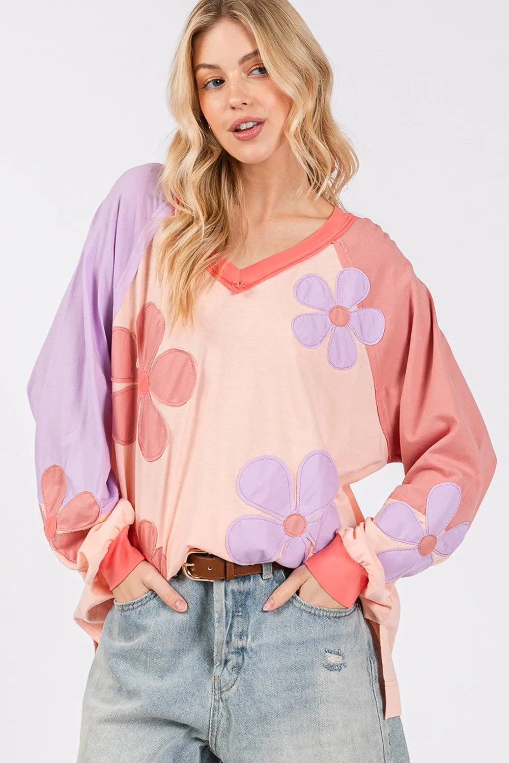 Full Size Daisy Applique Patch Color Block Long Sleeve Top