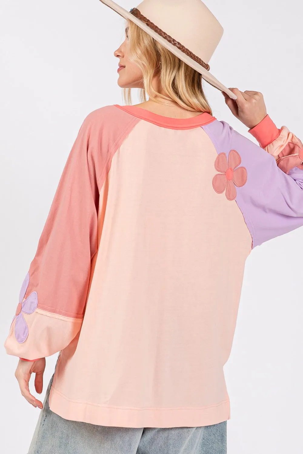 Full Size Daisy Applique Patch Color Block Long Sleeve Top