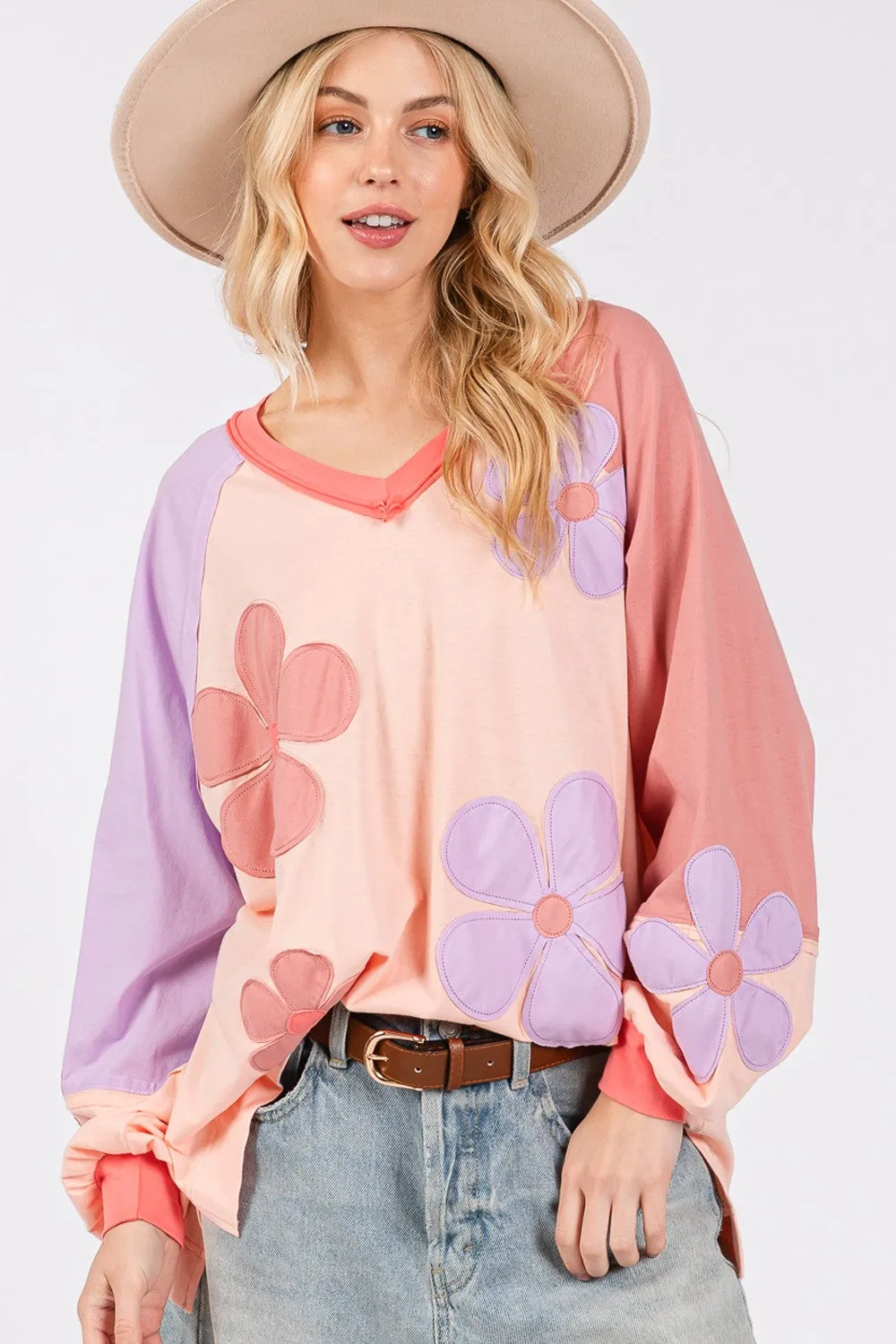 Full Size Daisy Applique Patch Color Block Long Sleeve Top