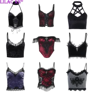 Gothic Cross Print Lace Trim Crop Top: Edgy Corset Tank Fashion