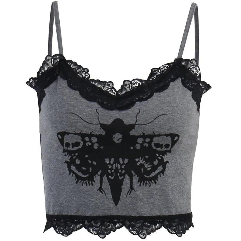 Gothic Cross Print Lace Trim Crop Top: Edgy Corset Tank Fashion