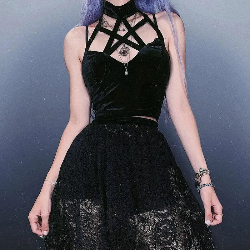 Gothic Cross Print Lace Trim Crop Top: Edgy Corset Tank Fashion