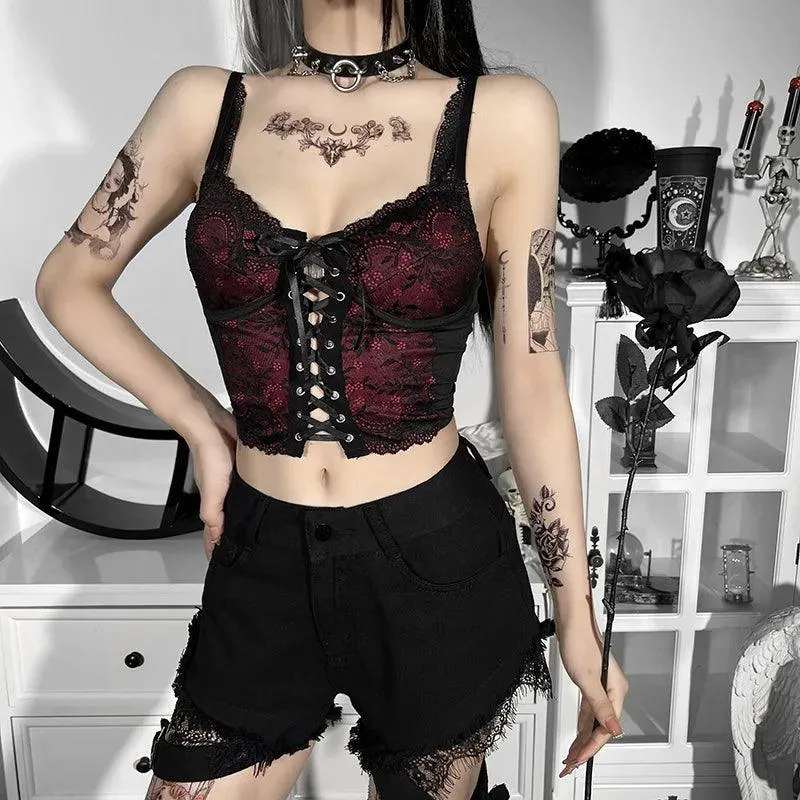 Gothic Cross Print Lace Trim Crop Top: Edgy Corset Tank Fashion