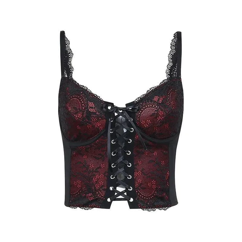 Gothic Cross Print Lace Trim Crop Top: Edgy Corset Tank Fashion