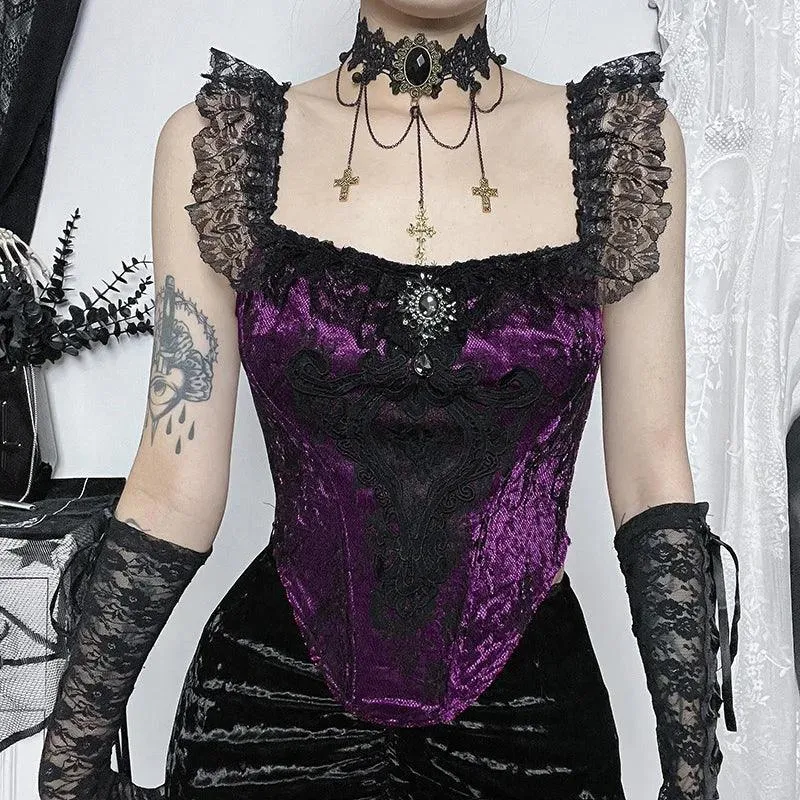 Gothic Cross Print Lace Trim Crop Top: Edgy Corset Tank Fashion