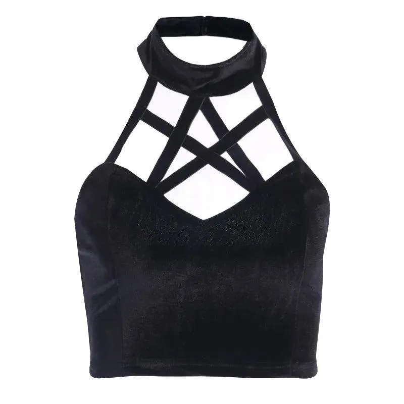 Gothic Cross Print Lace Trim Crop Top: Edgy Corset Tank Fashion