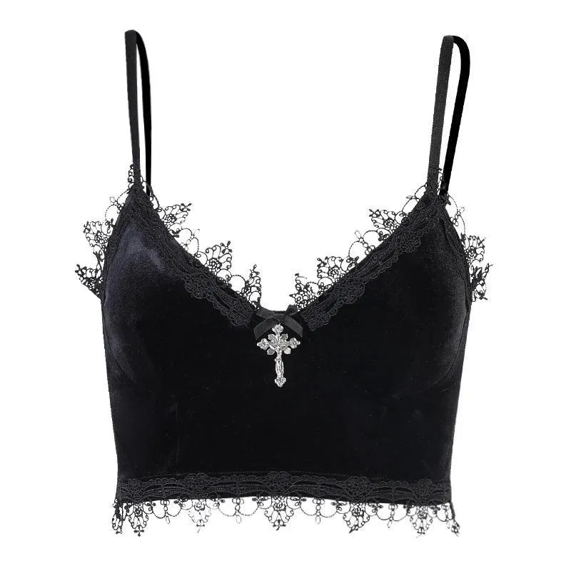 Gothic Cross Print Lace Trim Crop Top: Edgy Corset Tank Fashion