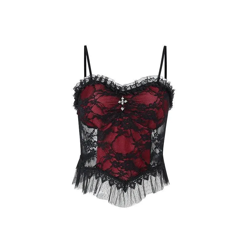 Gothic Cross Print Lace Trim Crop Top: Edgy Corset Tank Fashion