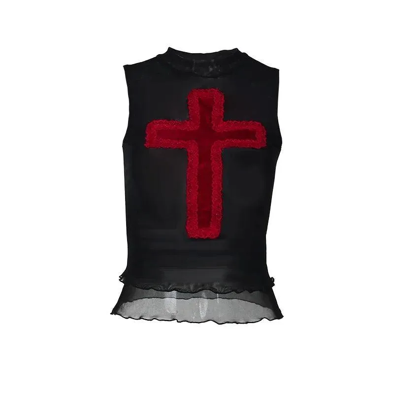 Gothic Cross Print Lace Trim Crop Top: Edgy Corset Tank Fashion