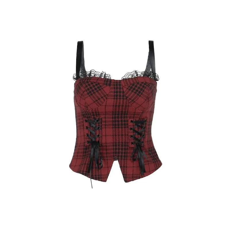 Gothic Cross Print Lace Trim Crop Top: Edgy Corset Tank Fashion