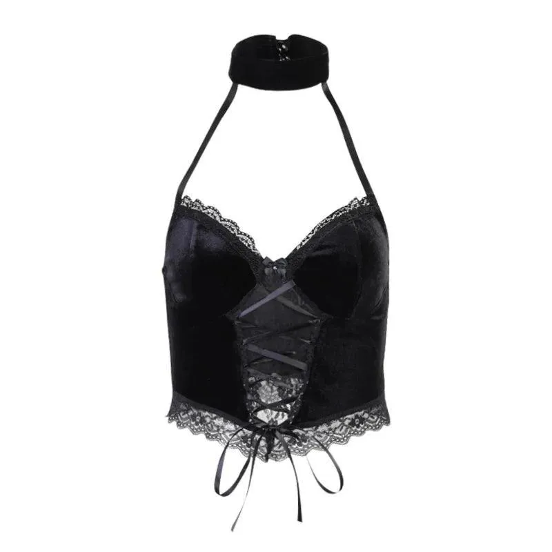 Gothic Cross Print Lace Trim Crop Top: Edgy Corset Tank Fashion