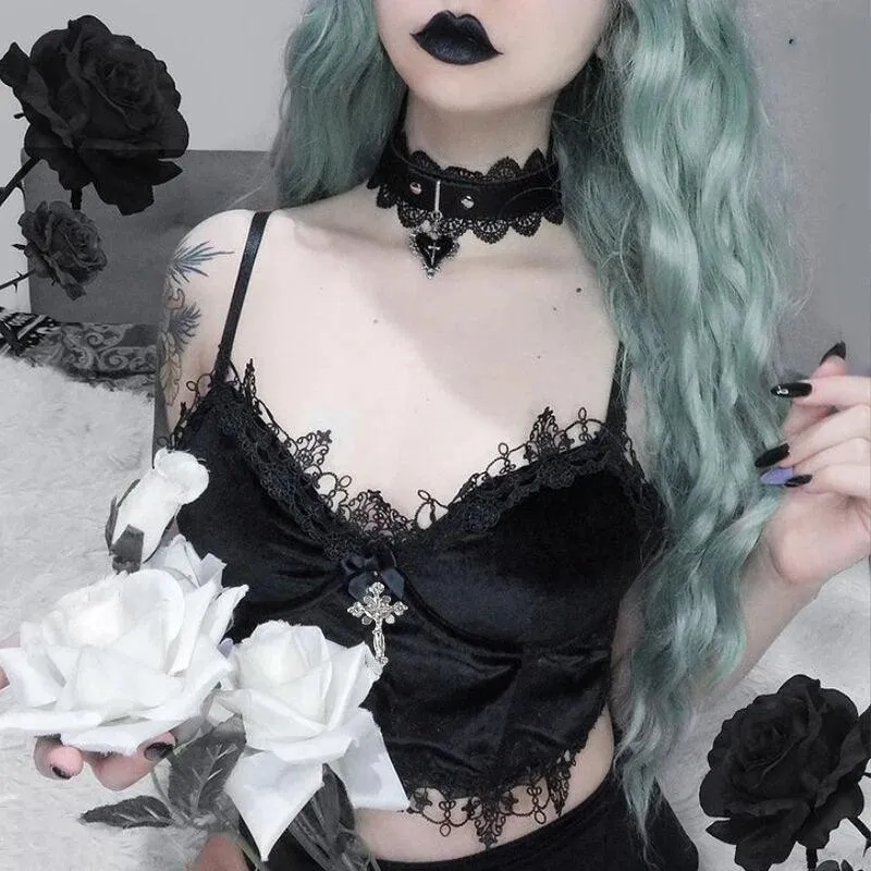 Gothic Cross Print Lace Trim Crop Top: Edgy Corset Tank Fashion