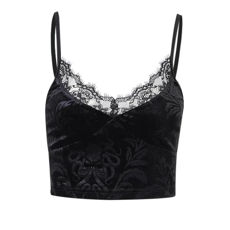 Gothic Cross Print Lace Trim Crop Top: Edgy Corset Tank Fashion