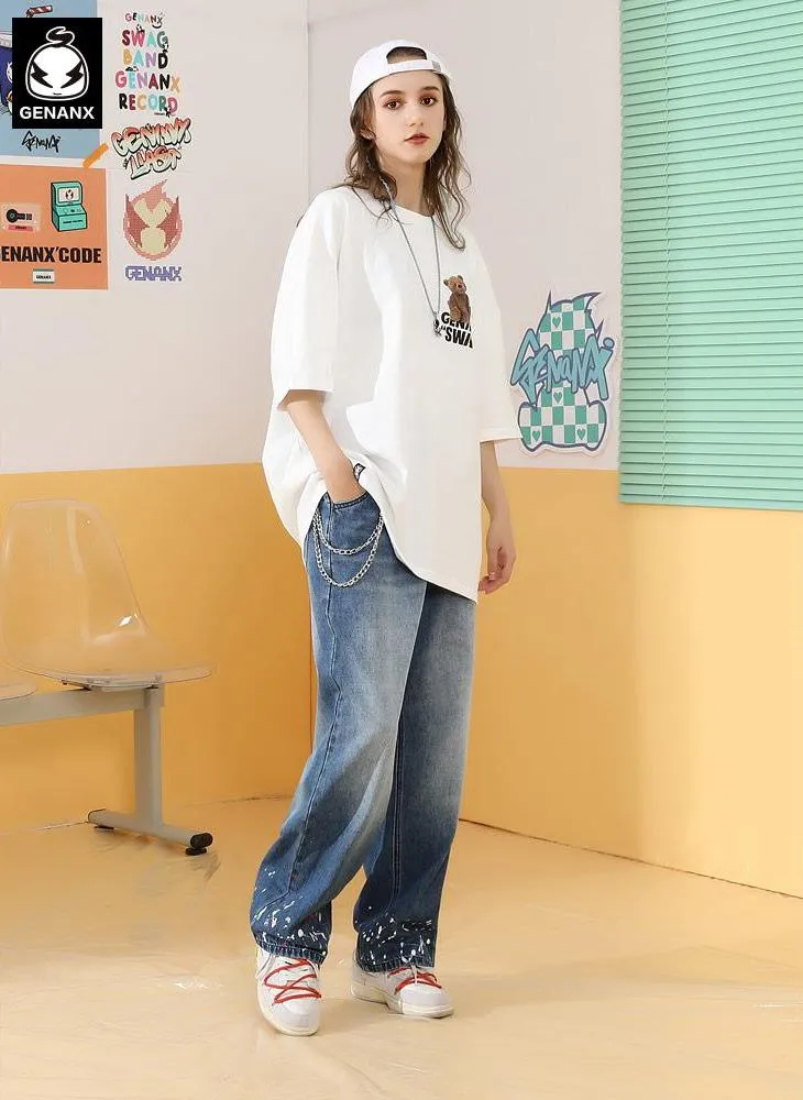 Graffiti Letter Print Detachable Double Chain Whisker Jeans