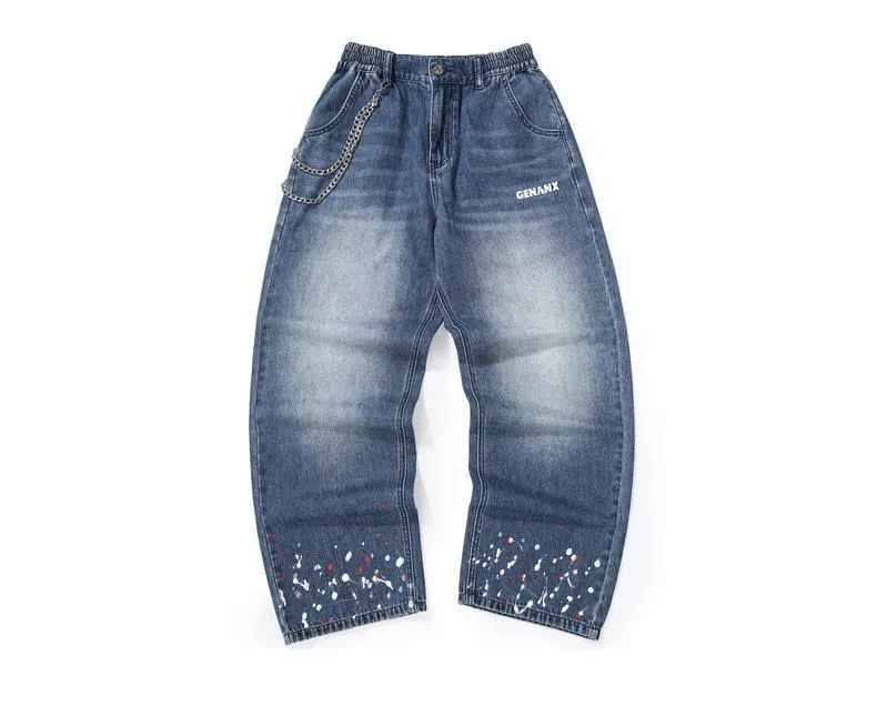 Graffiti Letter Print Detachable Double Chain Whisker Jeans