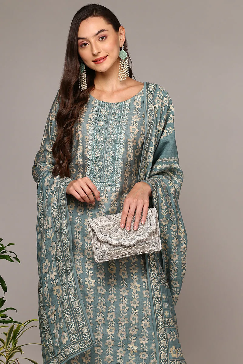 Grey Silk Blend Printed Straight Suit Set