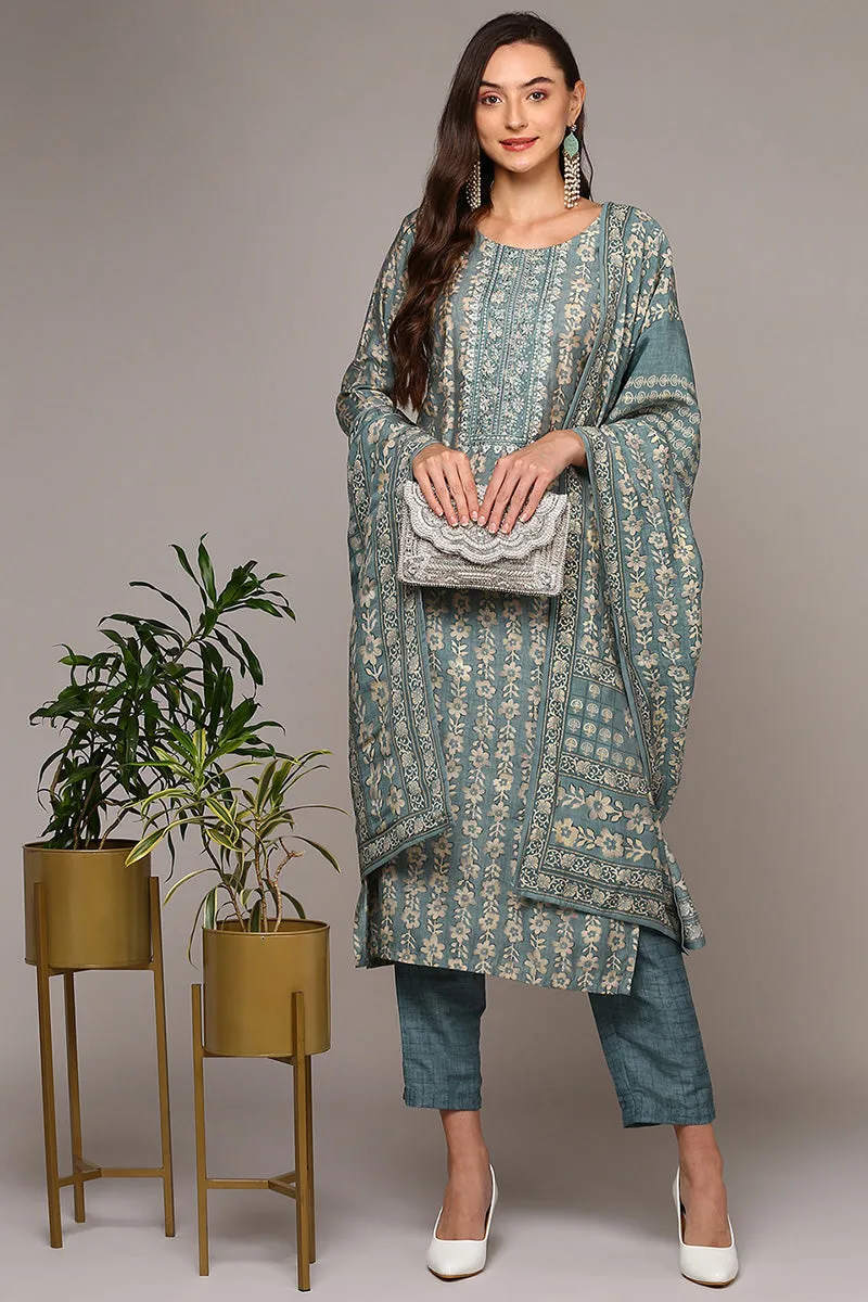 Grey Silk Blend Printed Straight Suit Set